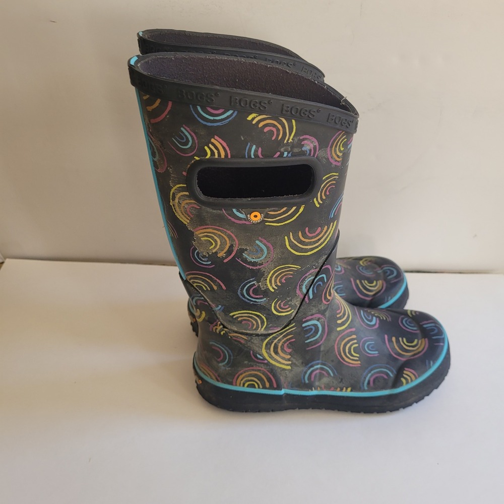 Bogs Rain Boots Youth 1 Black Wild Rainbow Waterproof Pull On - Picture 6 of 9